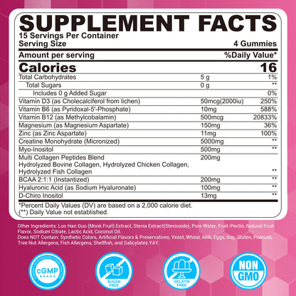 Creatine for Women Gummies, Micronized Creatine Monohydrate + Myo-Inositol, Collagen Peptides, BCAAs, Hyaluronic Acid, Vitamin B6 B12, Zinc for Enërgy, Föcus, Hörmonal Balance, Sugar Free, 120 Counts - Maple Wellness Supplements
