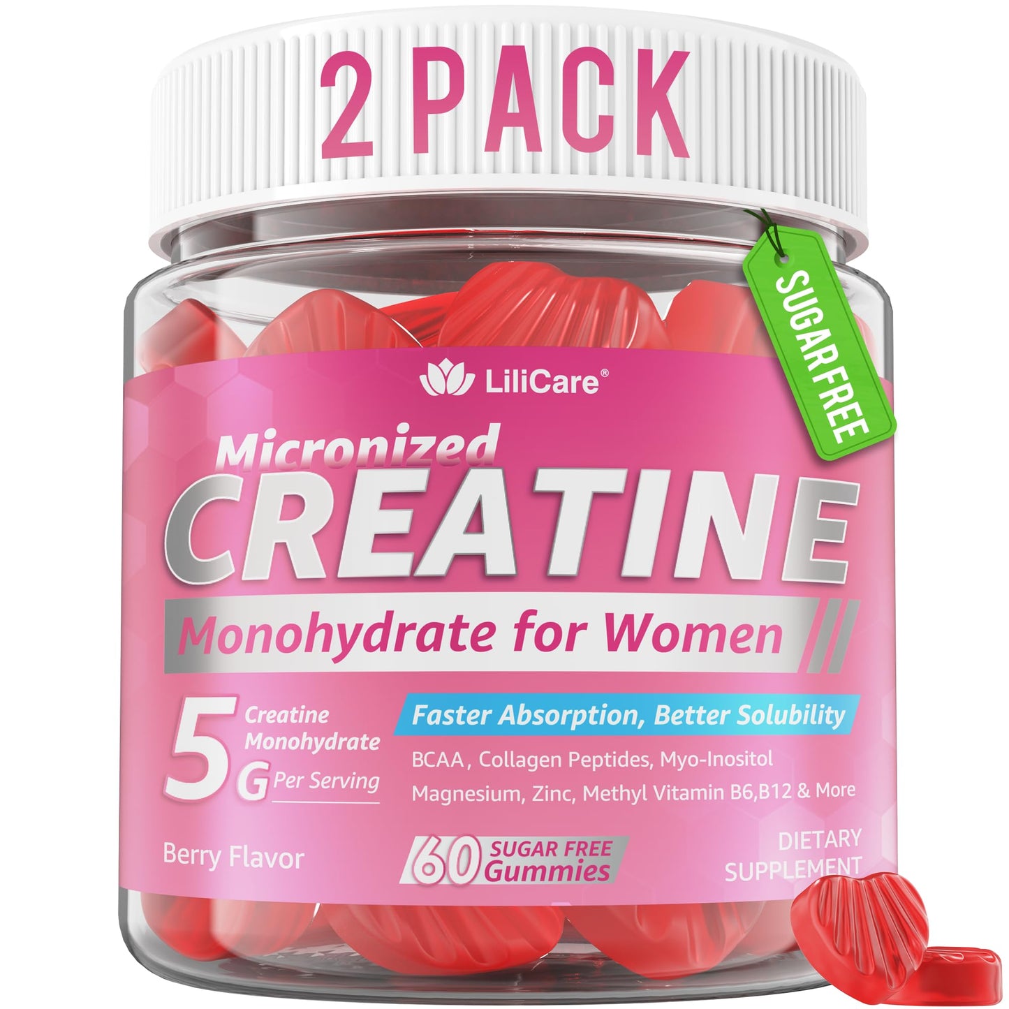 Creatine for Women Gummies, Micronized Creatine Monohydrate + Myo-Inositol, Collagen Peptides, BCAAs, Hyaluronic Acid, Vitamin B6 B12, Zinc for Enërgy, Föcus, Hörmonal Balance, Sugar Free, 120 Counts - Maple Wellness Supplements