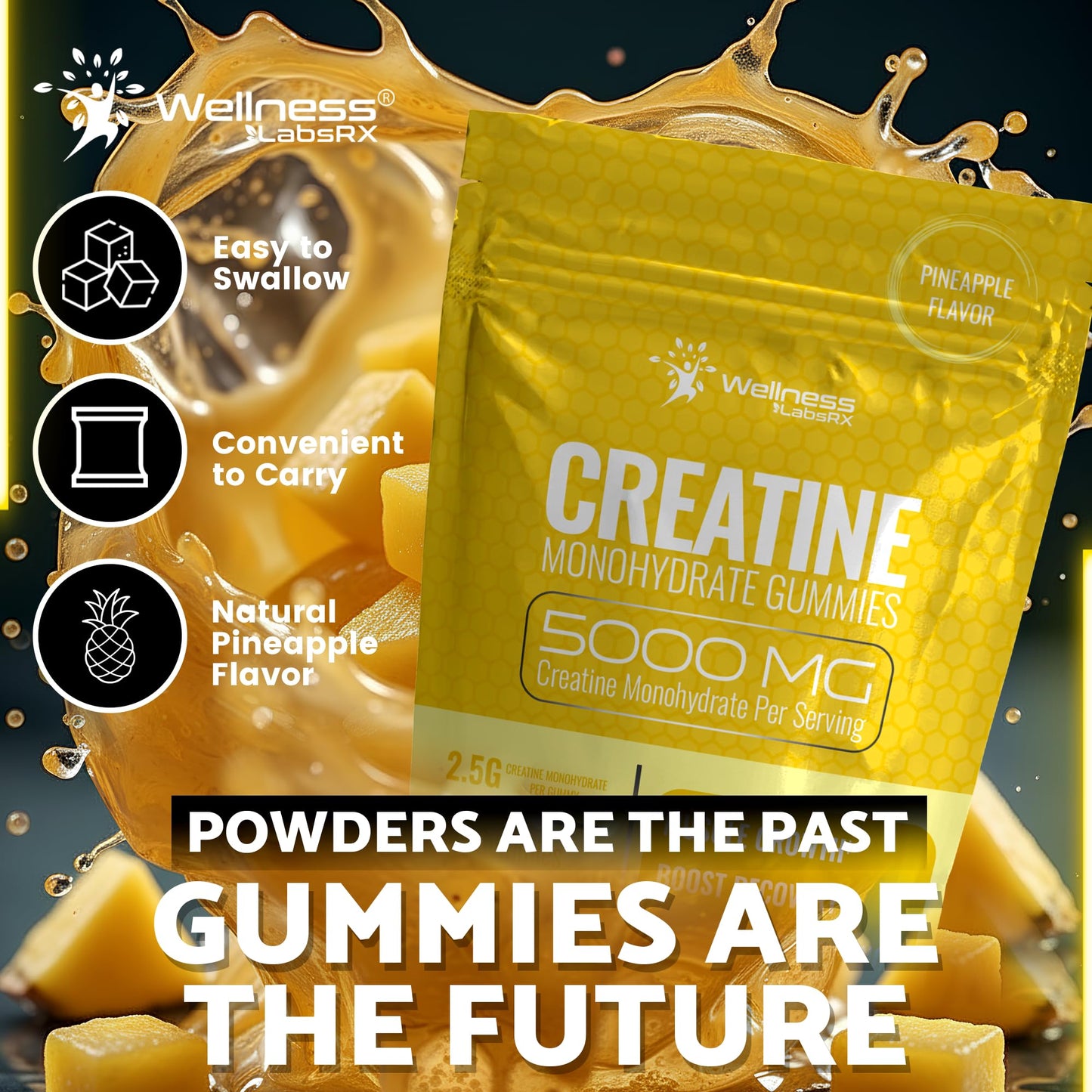 Creatine Gummies 5000mg, 30 Servings Creatine Monohydrate Gummies - Third-Party Tested Creatine for Women, Pineapple Flavor Creatine for Men, Muscle Growth, - Maple Wellness Supplements