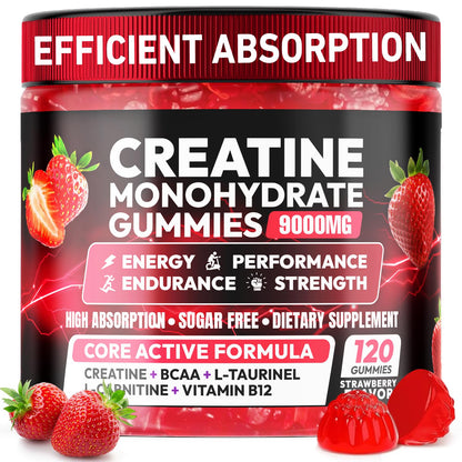Creatine Gummies Monohydrate Complex 9000MG, Chewable Creatine Monohydrate Gummies for Men & Women with L-Taurine, BCAA 2:1, B12/6, Building Muscle - Maple Wellness Supplements