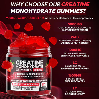 Creatine Gummies Monohydrate Complex 9000MG, Chewable Creatine Monohydrate Gummies for Men & Women with L-Taurine, BCAA 2:1, B12/6, Building Muscle - Maple Wellness Supplements