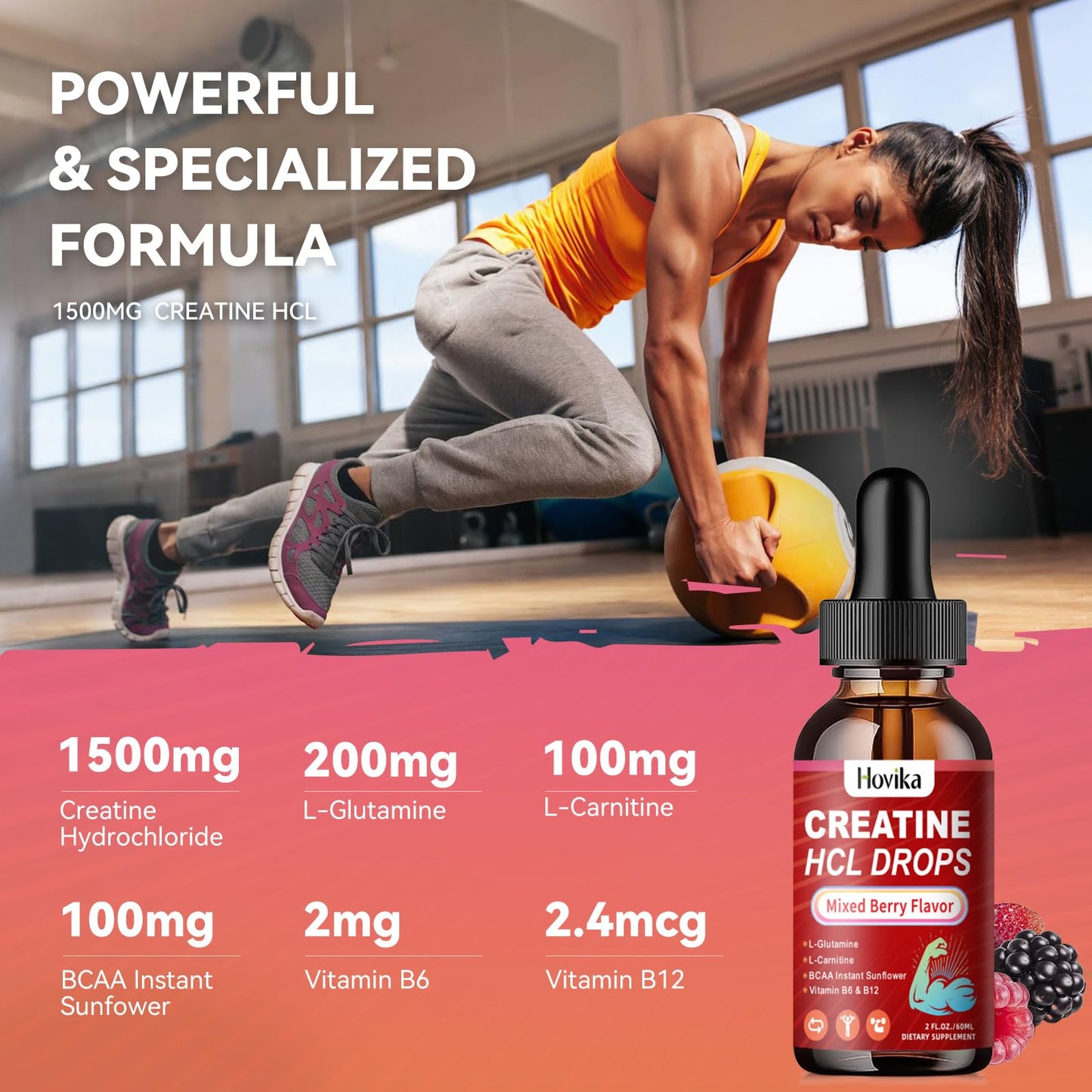 Creatine HCL Liquid Drops for Men & Women, Creatine Hydrochloride with L-Carnitine, L-Glutamine, BCAA, Vitamin B12 & B6 for Muscle Growth & Recovery-Vegan, Mixed Berry Flavor Flavor, 2 Fl Oz - Maple Wellness Supplements