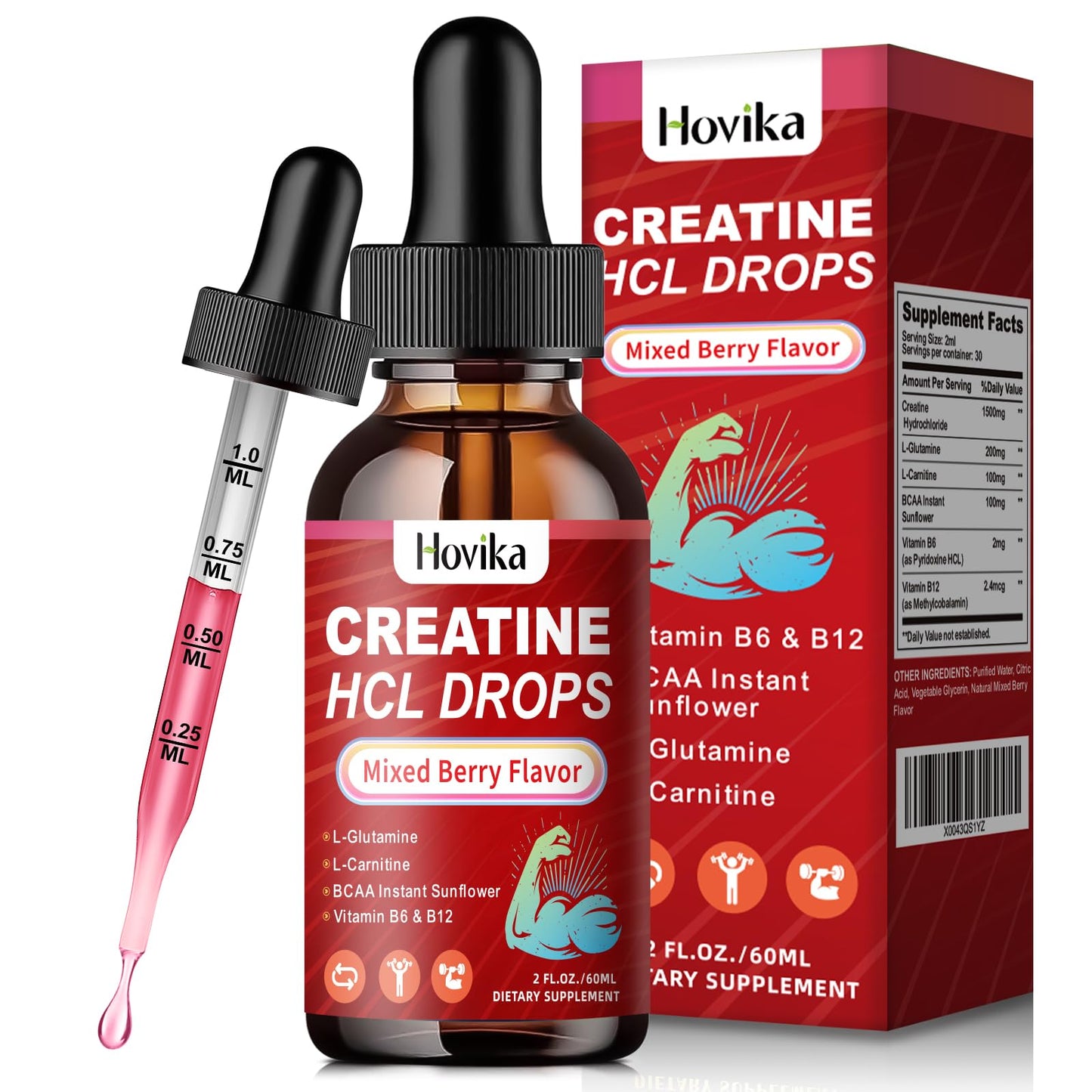 Creatine HCL Liquid Drops for Men & Women, Creatine Hydrochloride with L-Carnitine, L-Glutamine, BCAA, Vitamin B12 & B6 for Muscle Growth & Recovery-Vegan, Mixed Berry Flavor Flavor, 2 Fl Oz - Maple Wellness Supplements
