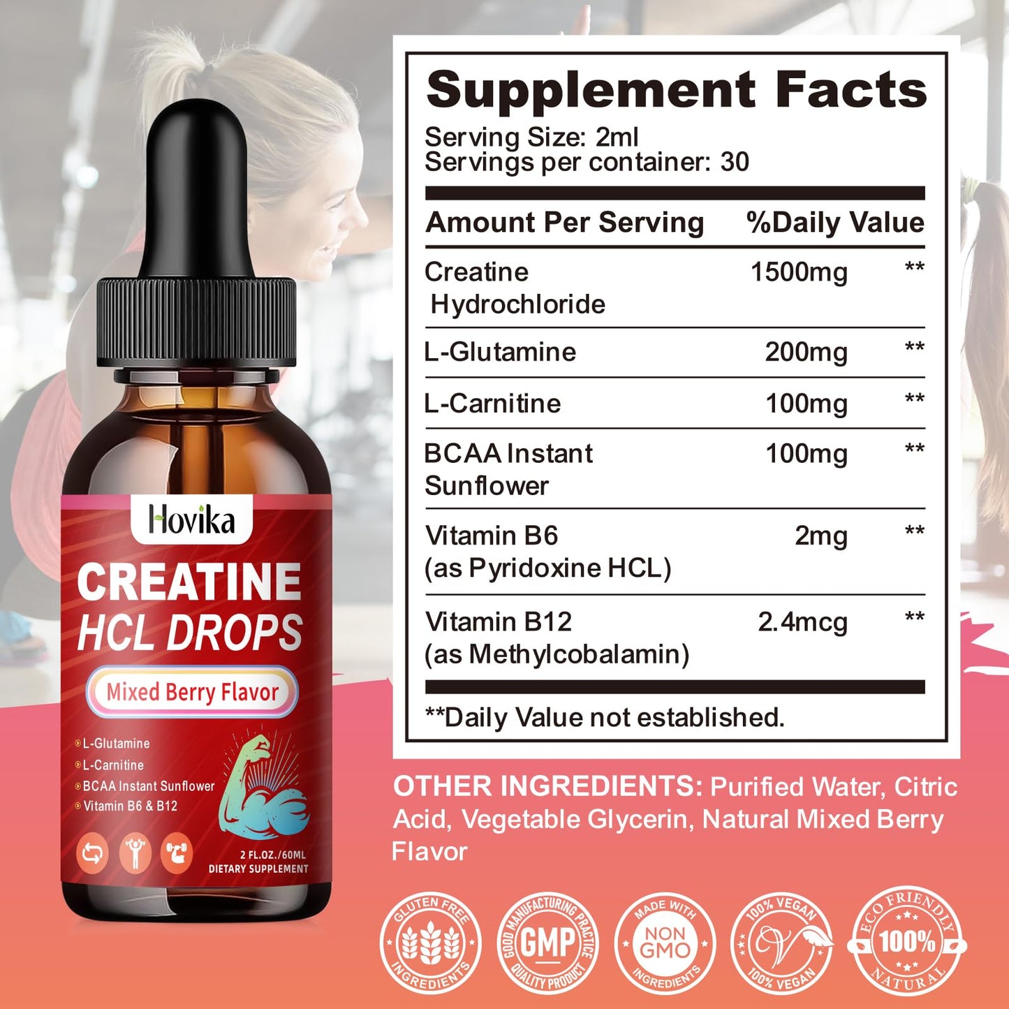 Creatine HCL Liquid Drops for Men & Women, Creatine Hydrochloride with L-Carnitine, L-Glutamine, BCAA, Vitamin B12 & B6 for Muscle Growth & Recovery-Vegan, Mixed Berry Flavor Flavor, 2 Fl Oz - Maple Wellness Supplements