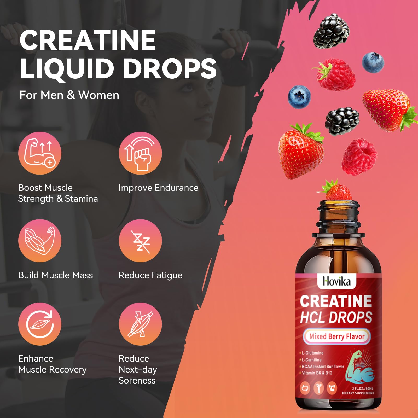 Creatine HCL Liquid Drops for Men & Women, Creatine Hydrochloride with L-Carnitine, L-Glutamine, BCAA, Vitamin B12 & B6 for Muscle Growth & Recovery-Vegan, Mixed Berry Flavor Flavor, 2 Fl Oz - Maple Wellness Supplements