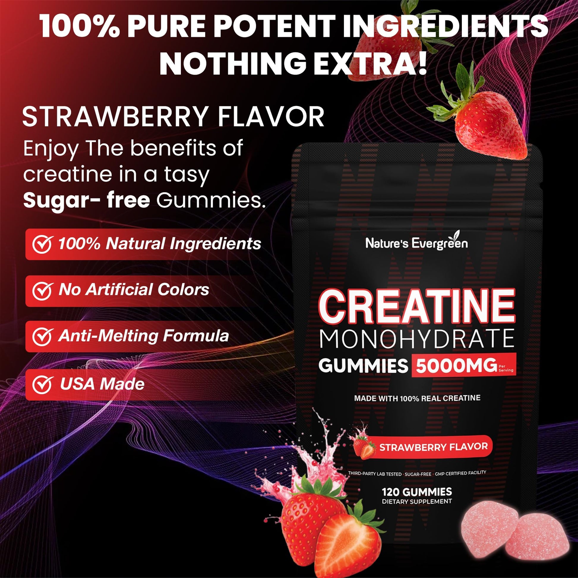 Creatine Monohydrate 5000mg Gummies, Pre-Workout 5g Creatine Gummy Supplement for Men & Women: Muscle Builder & Energy Boost, Sugar Free, Vegan, Strawberry Flavor, (120 Count) Made in USA - Maple Wellness Supplements