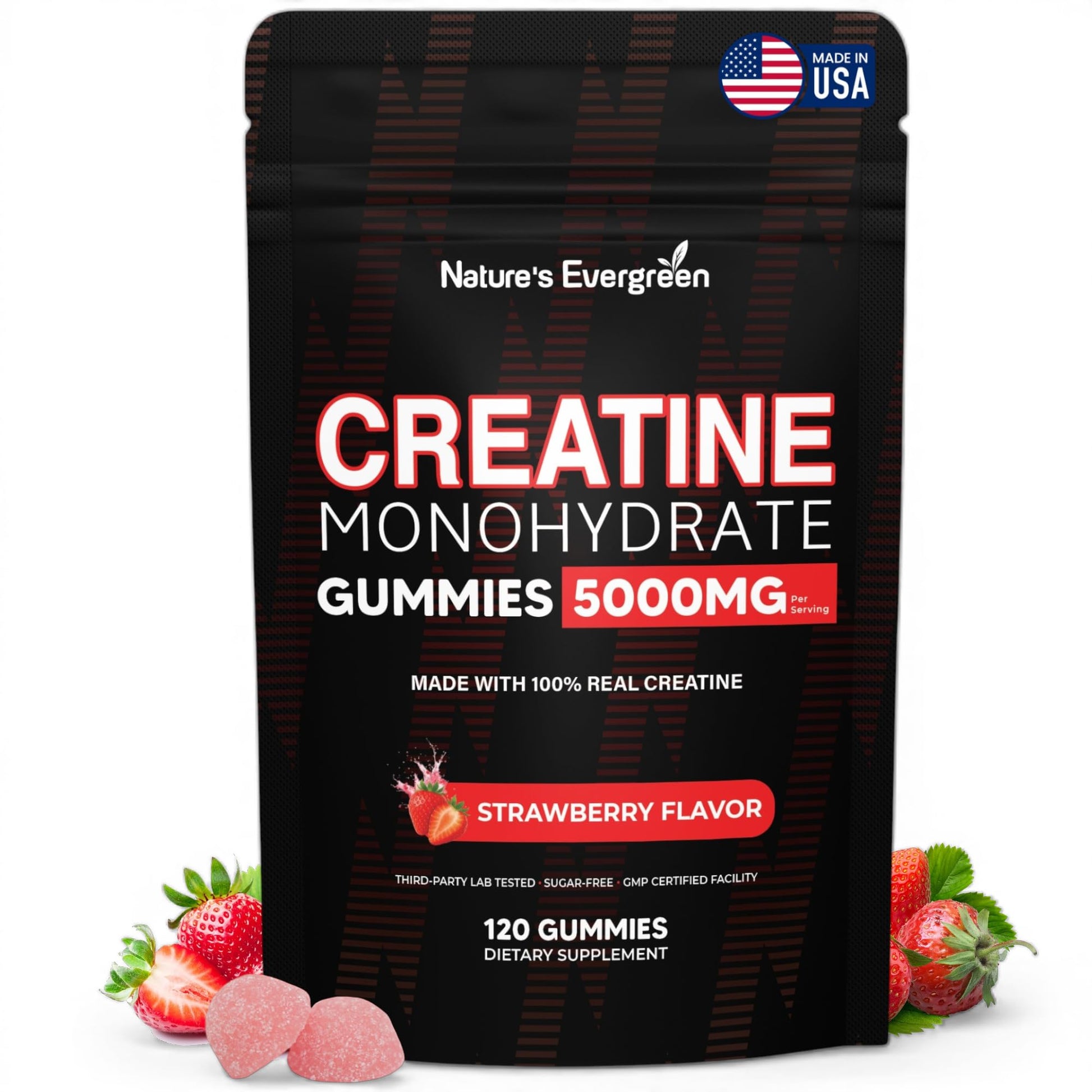 Creatine Monohydrate 5000mg Gummies, Pre-Workout 5g Creatine Gummy Supplement for Men & Women: Muscle Builder & Energy Boost, Sugar Free, Vegan, Strawberry Flavor, (120 Count) Made in USA - Maple Wellness Supplements