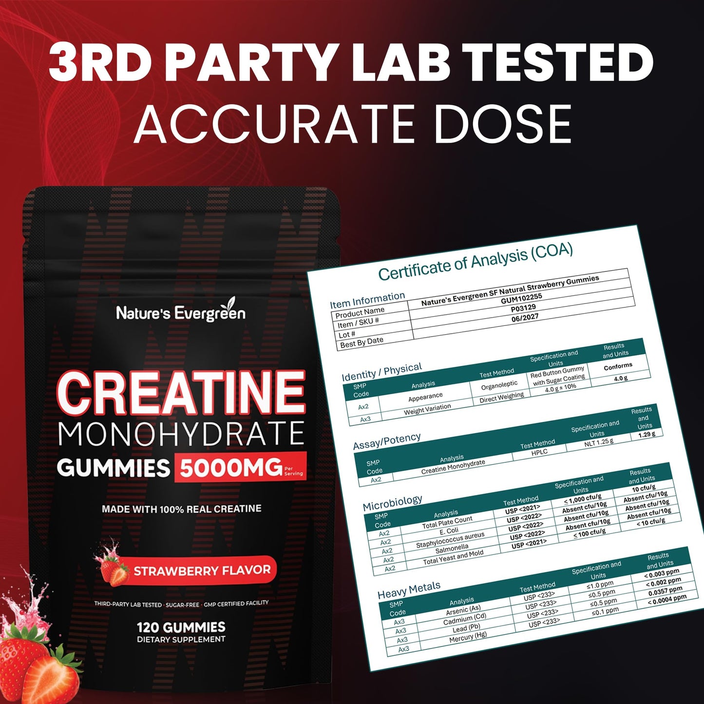 Creatine Monohydrate 5000mg Gummies, Pre-Workout 5g Creatine Gummy Supplement for Men & Women: Muscle Builder & Energy Boost, Sugar Free, Vegan, Strawberry Flavor, (120 Count) Made in USA - Maple Wellness Supplements