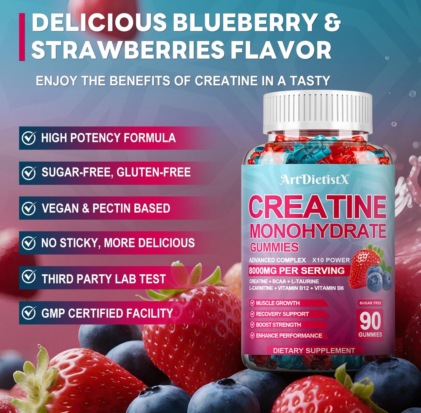 Creatine Monohydrate 8000mg Gummies with BCAA, L-Carnitine, Taurine & Vitamin B12 - Pre Workout Supplement for Muscle Growth, Strength & Energy, Multi-Flavor Chewable Gummies, - Maple Wellness Supplements