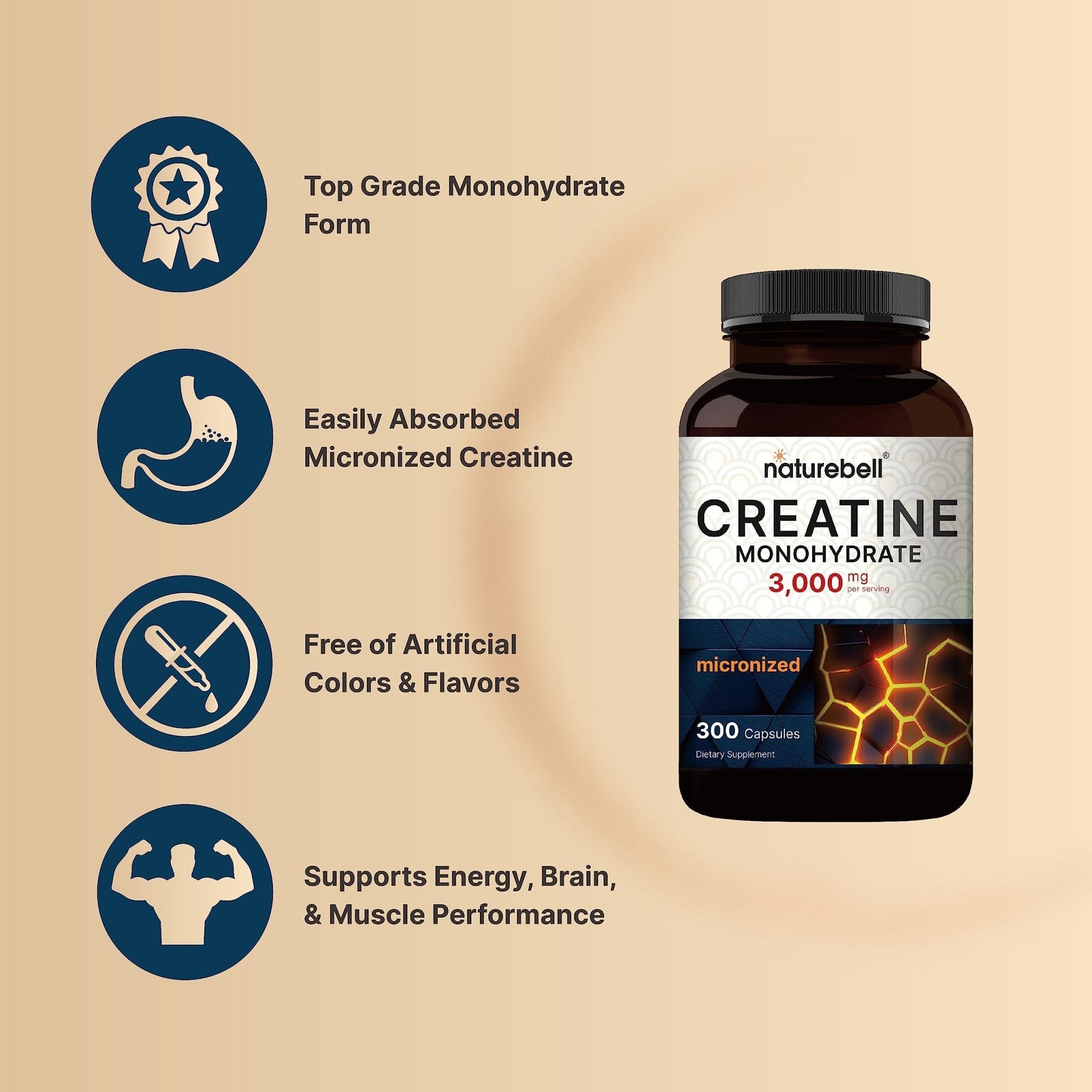 Creatine Monohydrate Capsules 3,000mg Per Serving, 300 Count | Micronized, Unflavored Creatine Pills | Pre-Workout & Muscle Strength Support | Easy to Swallow, Filler-Free | 50 Servings - Maple Wellness Supplements