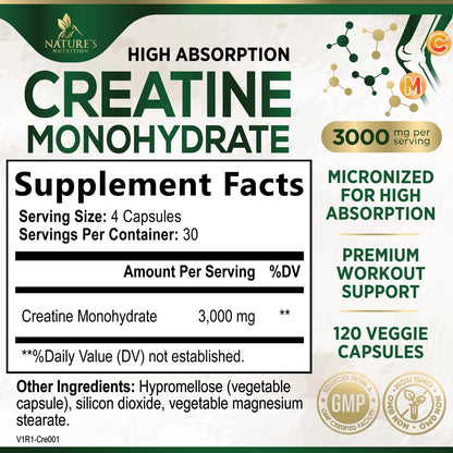 Creatine Monohydrate Capsules 3000mg Per Serving – Micronized Creatine Powder - Supports Lean Muscle, Strength, Energy, & Endurance - Nature's Supplement, Non-GMO, Bottled in USA - 120 Capsules - Maple Wellness Supplements