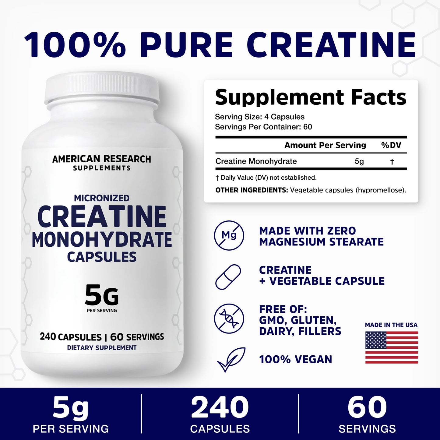 Creatine Monohydrate Capsules 5G | 60 Servings | Vegan | 4 Caps per Serving | Micronized Creatine Pills 5000mg | 240 Capsules | Creatine Pills For Men & Women - Maple Wellness Supplements
