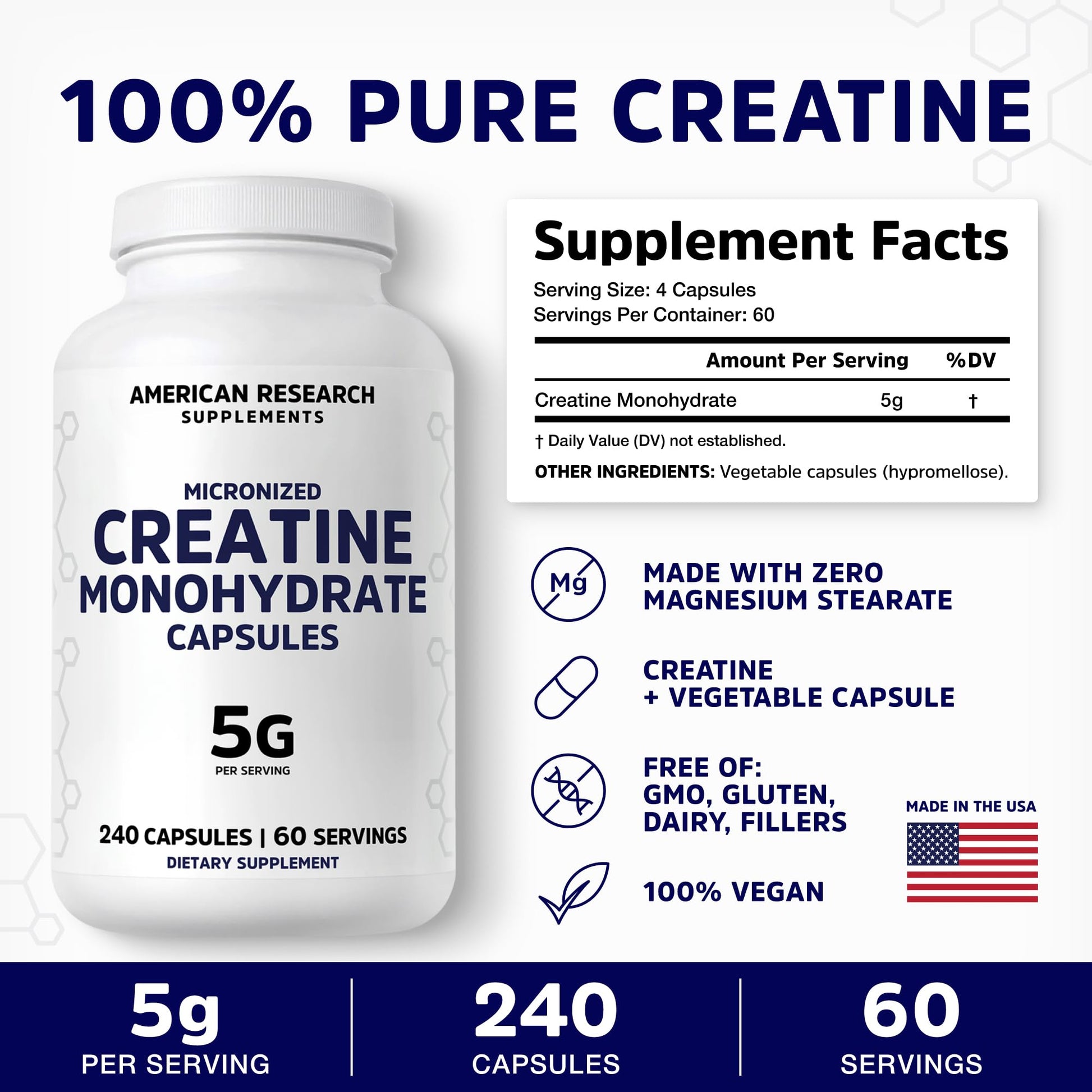 Creatine Monohydrate Capsules 5G | 60 Servings | Vegan | 4 Caps per Serving | Micronized Creatine Pills 5000mg | 240 Capsules | Creatine Pills For Men & Women - Maple Wellness Supplements