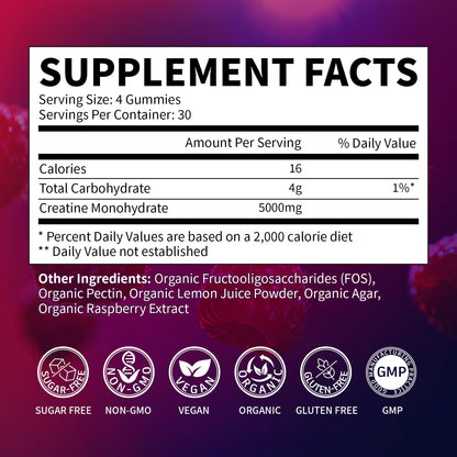 Creatine Monohydrate Gummies 5000mg for Men & Women, Organic Pure Creatine Gummies | Sugar Free,Vegan, Non-GMO,Raspberry Flavor, 120 Count - Maple Wellness Supplements