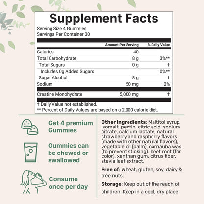 Creatine Monohydrate Gummies 5,000mg Per Serving, 120 Count | Sugar Free Strawberry Raspberry Flavored | Creatine for Women & Men | Pre Workout + Muscle Strength & Recovery Support | Non-GMO - Maple Wellness Supplements