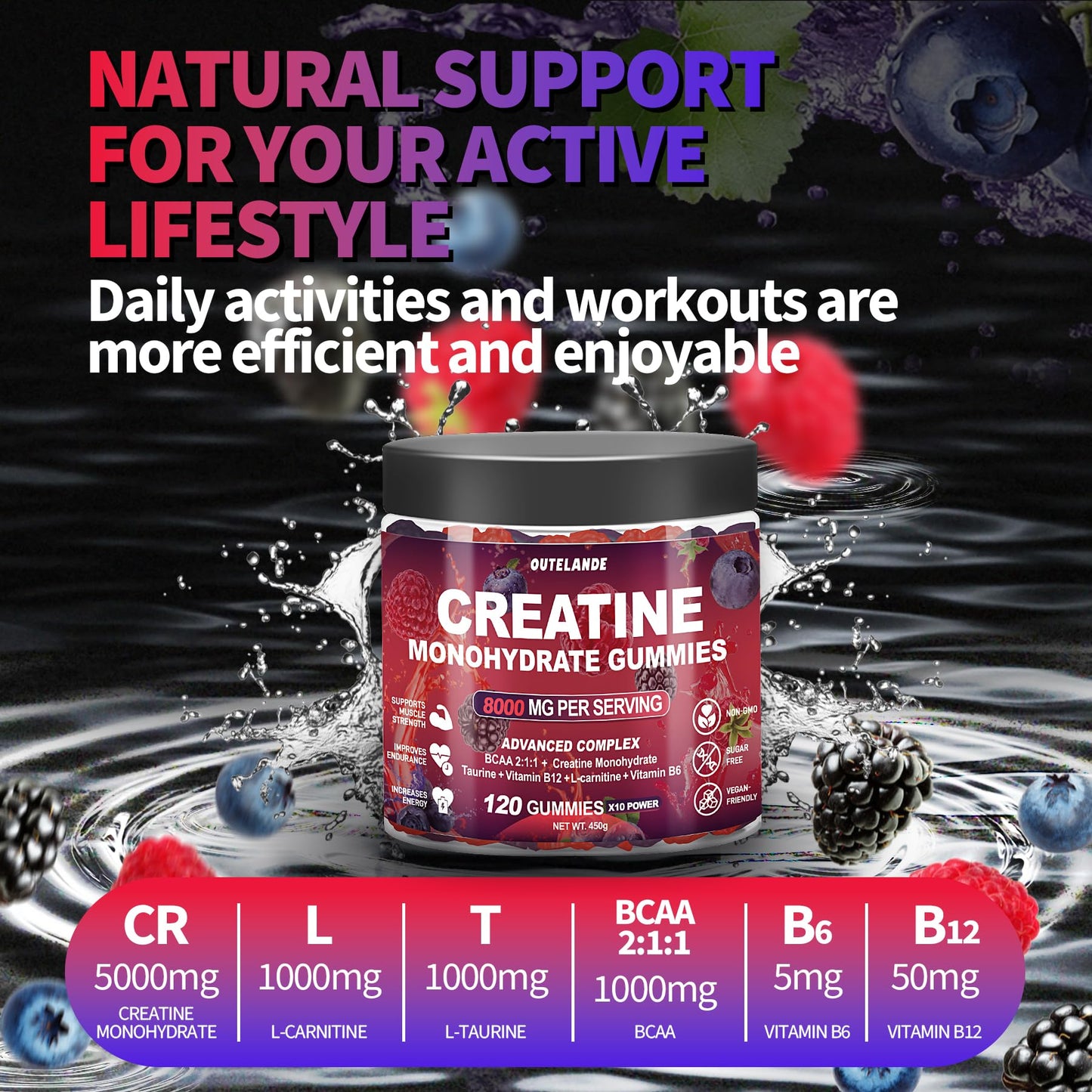 Creatine Monohydrate Gummies 8000 mg for Men & Women, Creatine Supplement for Enhanced Muscle Growth, Energy Boost - with L-Taurine, Sugar Free, Vegan - Maple Wellness Supplements