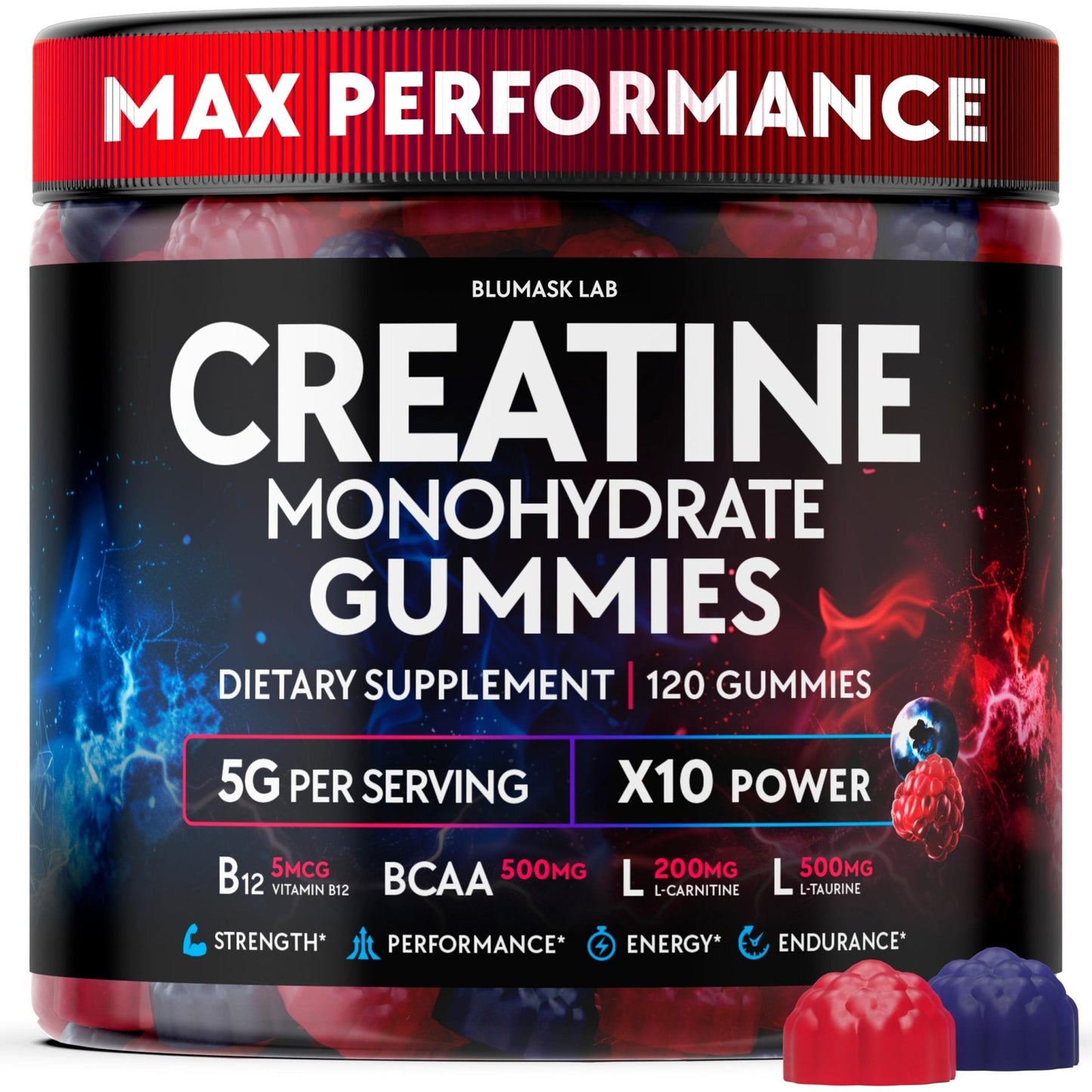 Creatine Monohydrate Gummies Complex 5000 MG for Men & Women, Preworkout Gummy with BCAA, L-Carnitine, Taurine & Vitamin B12 for Muscle Growth, - Maple Wellness Supplements