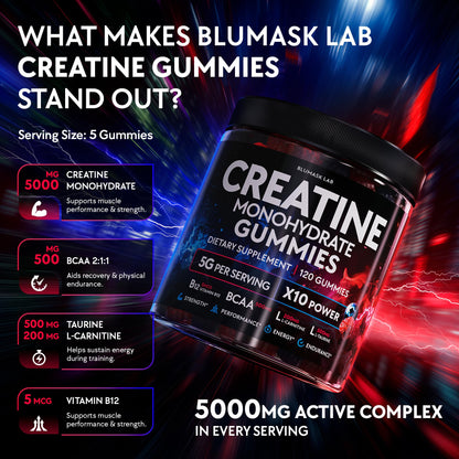 Creatine Monohydrate Gummies Complex 5000 MG for Men & Women, Preworkout Gummy with BCAA, L-Carnitine, Taurine & Vitamin B12 for Muscle Growth, - Maple Wellness Supplements