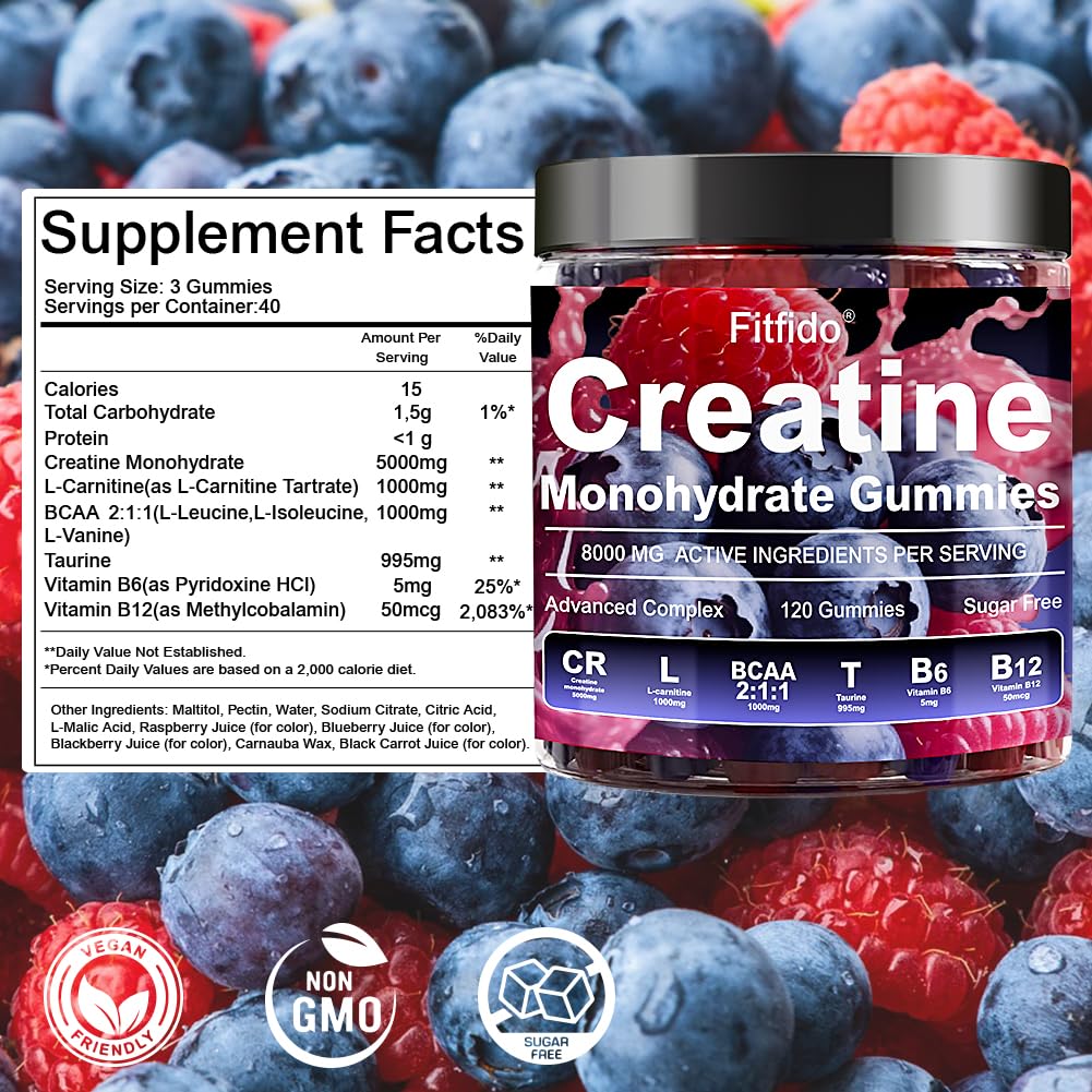 Creatine Monohydrate Gummies Complex 8000mg for Men and Women, Containing L-carnitine & Taurine, Build Muscle, Boost Energy, Faster Recovery, Sugar Free & Vegan - Maple Wellness Supplements
