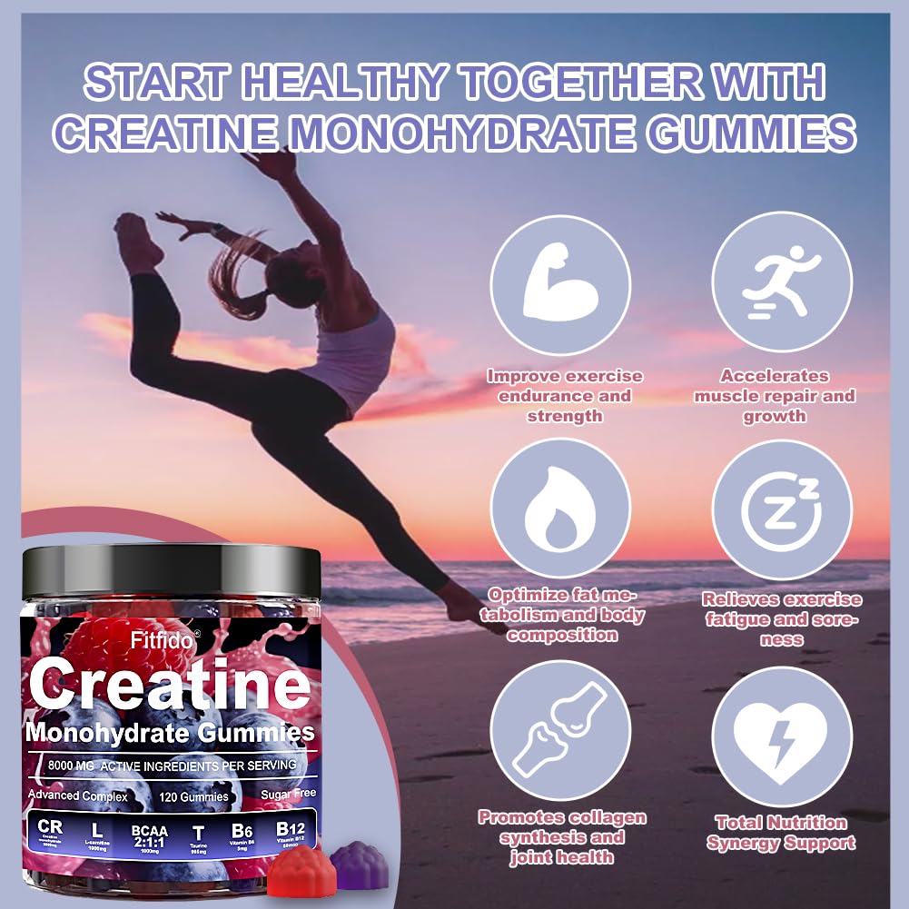 Creatine Monohydrate Gummies Complex 8000mg for Men and Women, Containing L-carnitine & Taurine, Build Muscle, Boost Energy, Faster Recovery, Sugar Free & Vegan - Maple Wellness Supplements