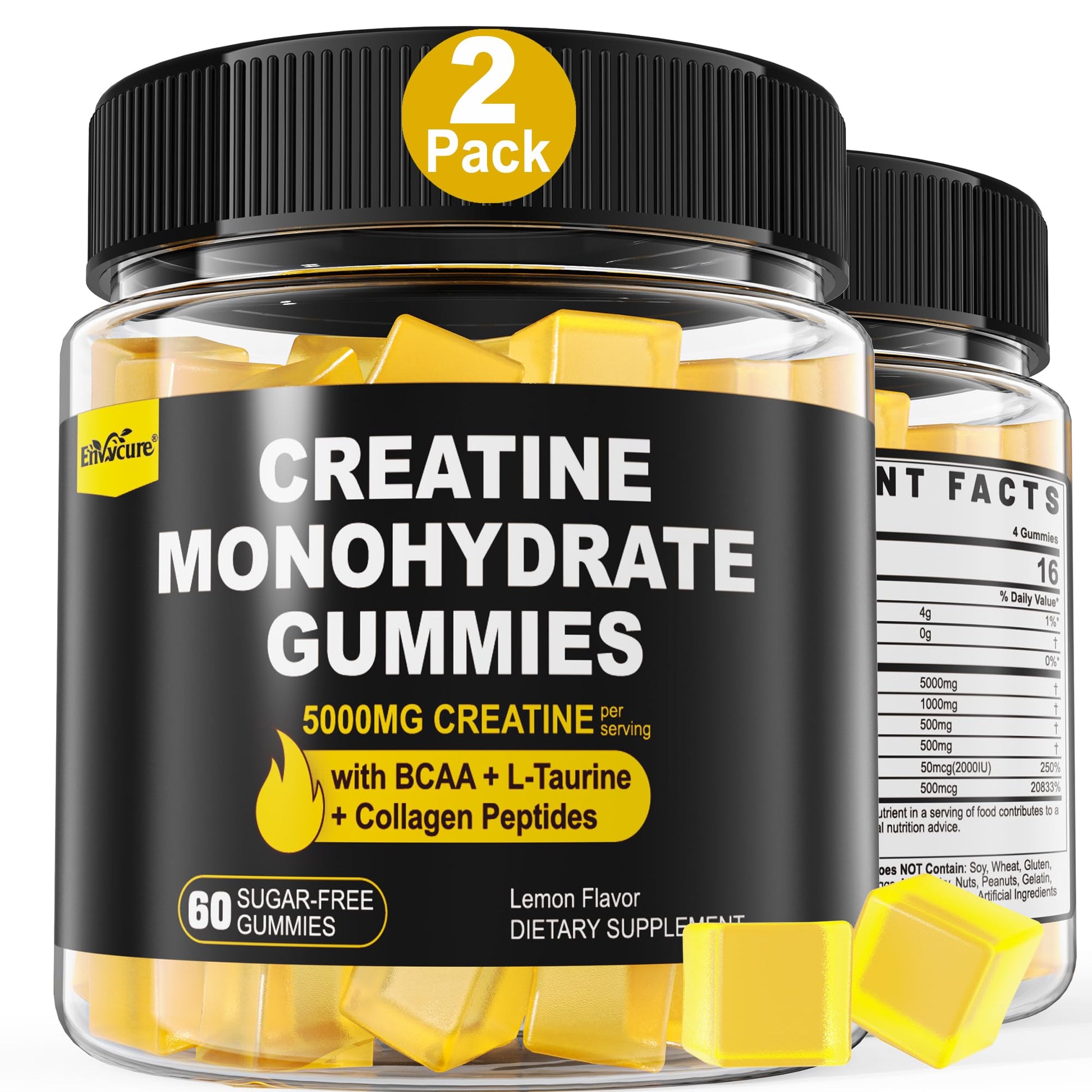 Creatine Monohydrate Gummies for Men & Women - with BCAA, Collagen Peptides, L-Taurine, Vitamin B12, D3, Chewables Creatine Monohydrate 5g Per Serving, Natural Lemon Flavor, Sugar Free, 2 Pack - Maple Wellness Supplements