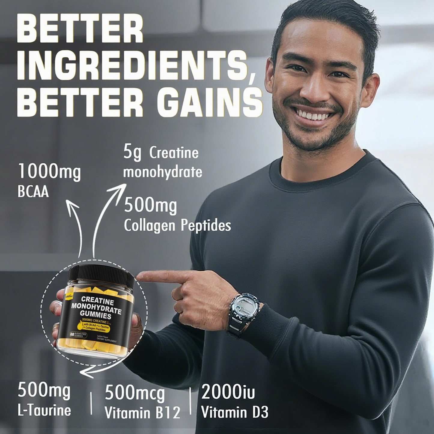 Creatine Monohydrate Gummies for Men & Women - with BCAA, Collagen Peptides, L-Taurine, Vitamin B12, D3, Chewables Creatine Monohydrate 5g Per Serving, Natural Lemon Flavor, Sugar Free, 2 Pack - Maple Wellness Supplements