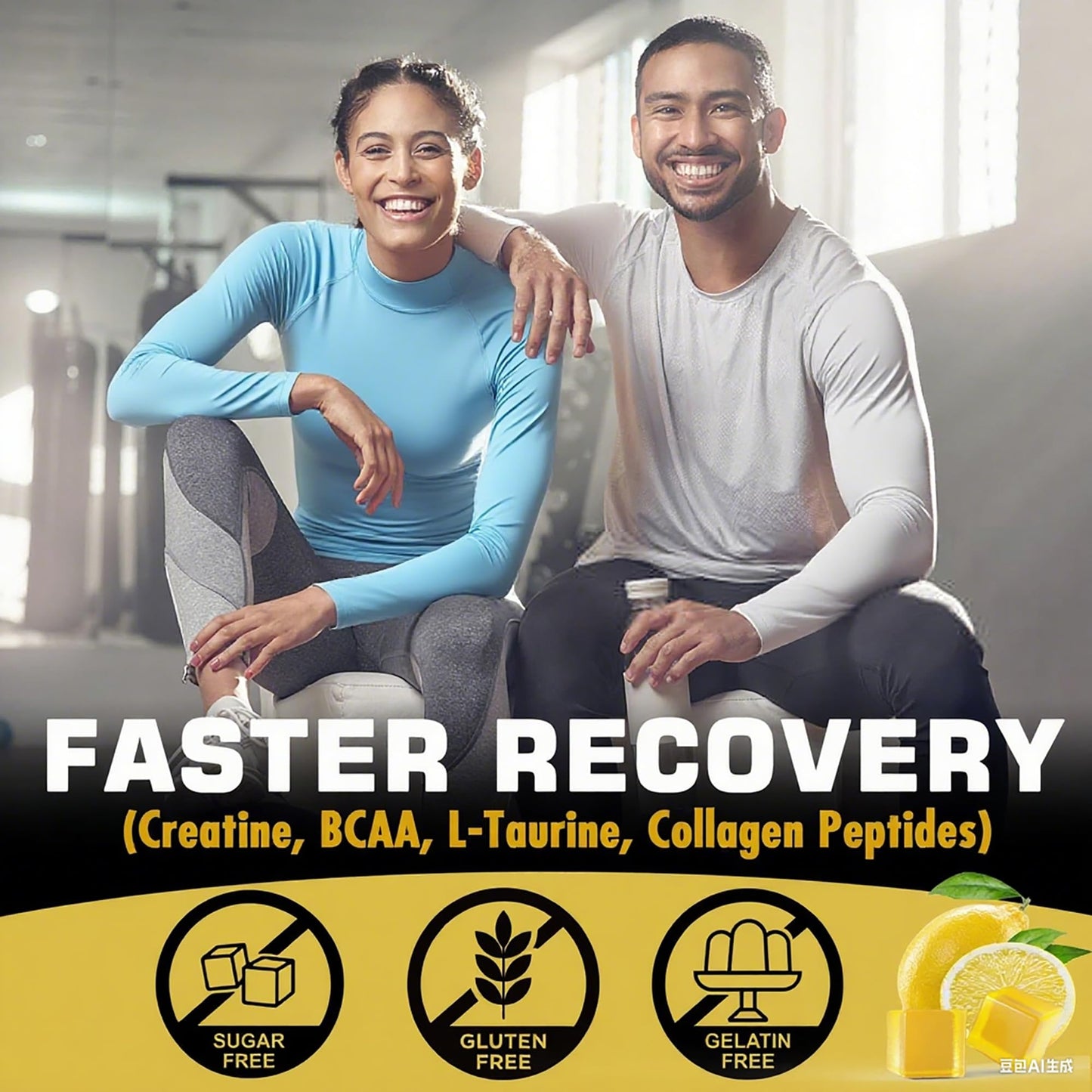Creatine Monohydrate Gummies for Men & Women - with BCAA, Collagen Peptides, L-Taurine, Vitamin B12, D3, Chewables Creatine Monohydrate 5g Per Serving, Natural Lemon Flavor, Sugar Free, 2 Pack - Maple Wellness Supplements