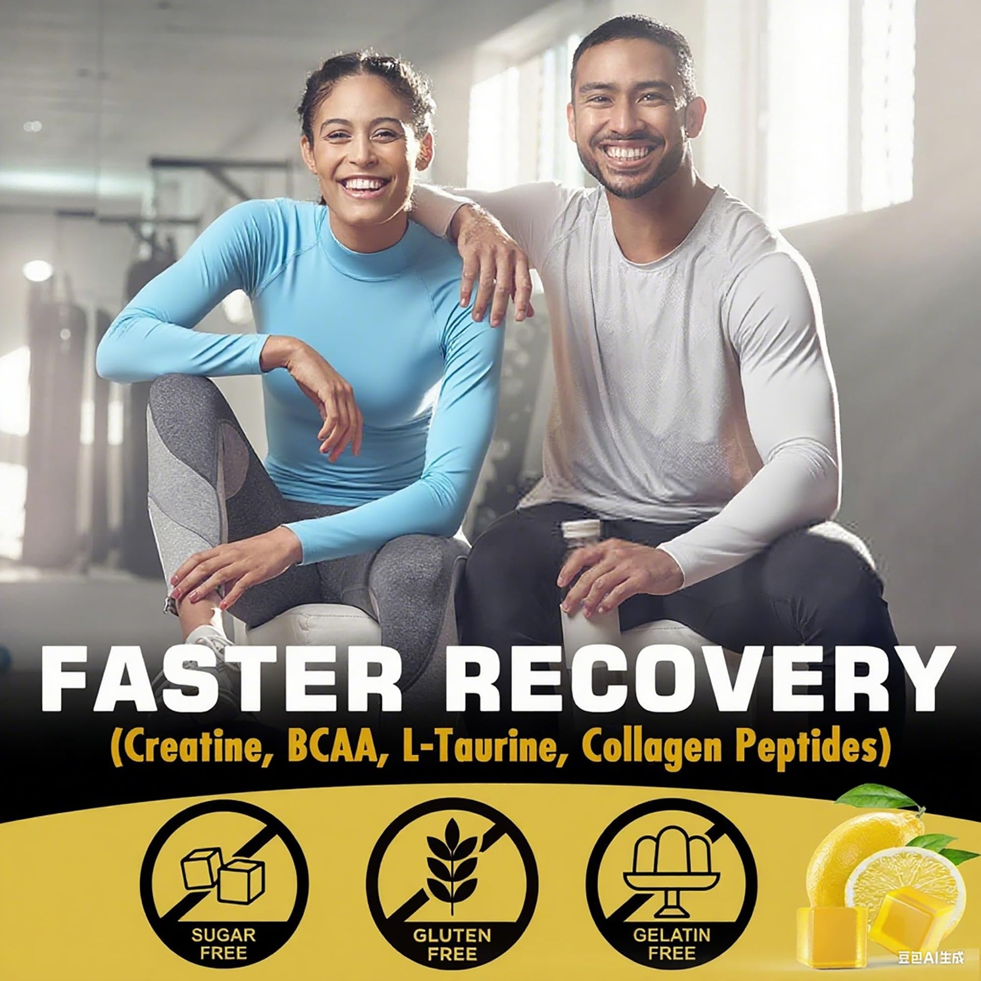 Creatine Monohydrate Gummies for Men & Women - with BCAA, Collagen Peptides, L-Taurine, Vitamin B12, D3, Chewables Creatine Monohydrate 5g Per Serving, Natural Lemon Flavor, Sugar Free, 2 Pack - Maple Wellness Supplements
