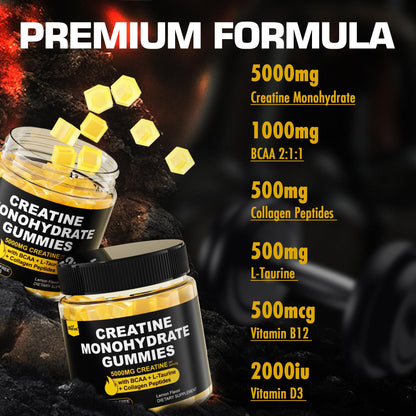 Creatine Monohydrate Gummies for Men & Women - with BCAA, Collagen Peptides, L-Taurine, Vitamin B12, D3, Chewables Creatine Monohydrate 5g Per Serving, Natural Lemon Flavor, Sugar Free, 2 Pack - Maple Wellness Supplements