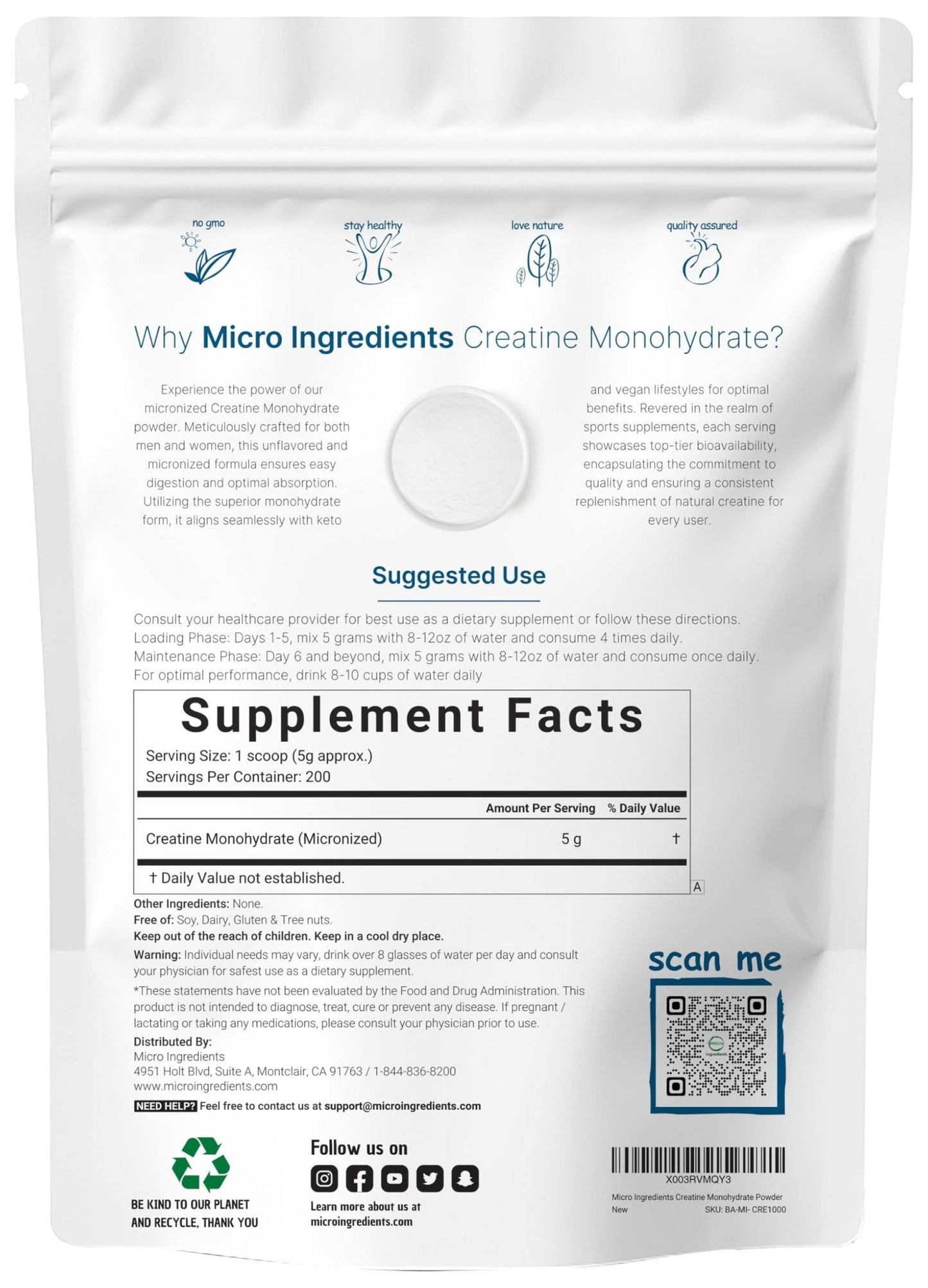 Creatine Monohydrate Powder 1 kg (2.2 Lbs), 5000mg Per Serv, Micronized Creatine Powder, Unflavored, Pure, No Filler, Keto & Vegan Friendly, Easy Dissolve Pre Workout Creatine for Women and Men - Maple Wellness Supplements