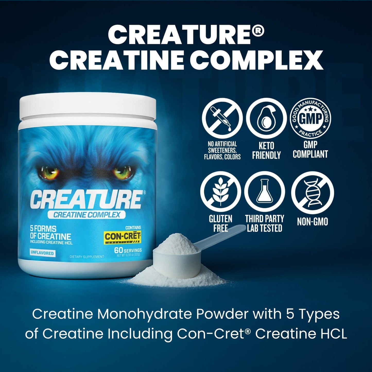 CREATURE® Creatine Complex - Creatine Monohydrate Powder with 5 Types of Creatine Including Con-Crēt® Creatine HCL, Promotes Muscle, Strength, Endurance, Brain Health, Unflavored, 300g 60 Servings - Maple Wellness Supplements