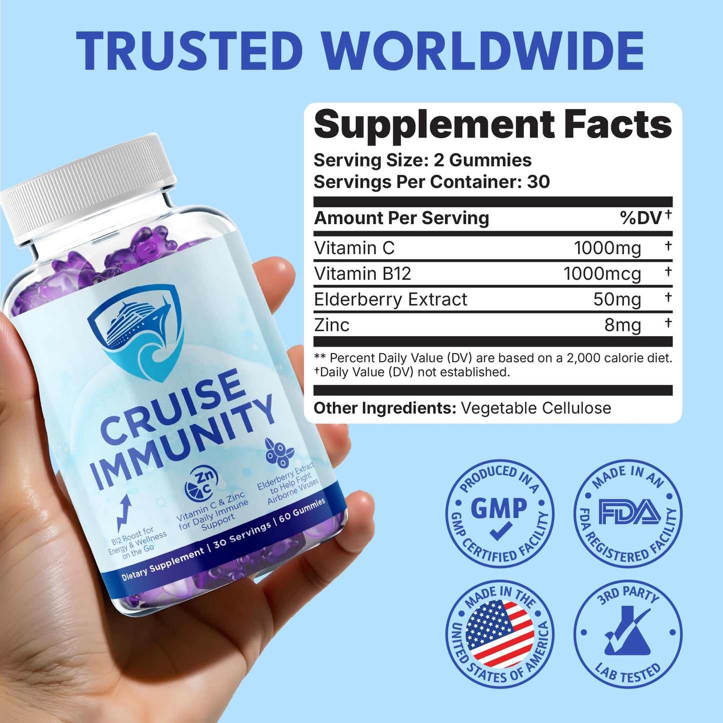 CRUISE IMMUNITY Immune Support Gummies for Cruisers with Vitamin C, B12, Zinc, Elderberry Extract, 60 Gummies, 30 Servings - Maple Wellness Supplements