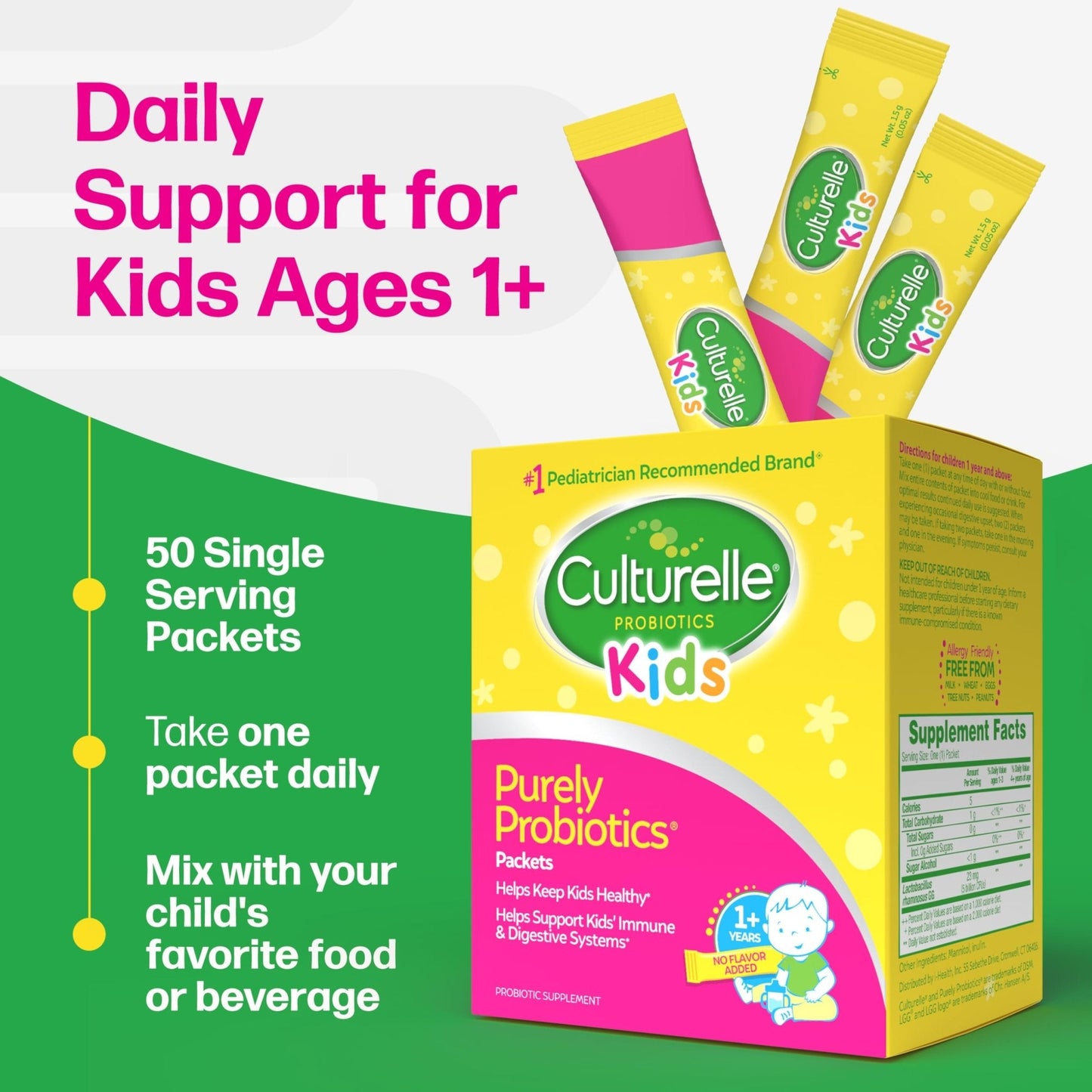 Culturelle Kids Daily Probiotic Packets for Kids, (Ages 3+) - 50 Count – From the 1 Pediatrician-Recommended Brand – Flavorless Daily Probiotics - Maple Wellness Supplements