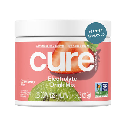 Cure Hydration | Plant-Based Electrolyte Drink Mix | No Added Sugar | FSA-HSA | Dehydration Relief Powder Made with Coconut Water | Non-GMO | Vegan | 28 Servings Jar - Strawberry Kiwi - Maple Wellness Supplements