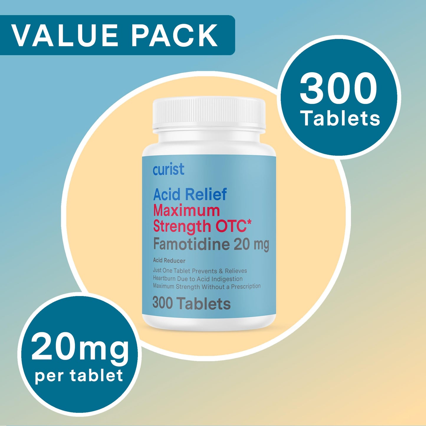 Curist Famotidine 20mg Bulk Pack (300 Count Tablets) Acid Reflux Medicine for Heartburn Relief - OTC Maximum Strength Stomach Acid Reducer - Anti Acid Relief Tablets for Indigestion Heartburn Relief - Maple Wellness Supplements