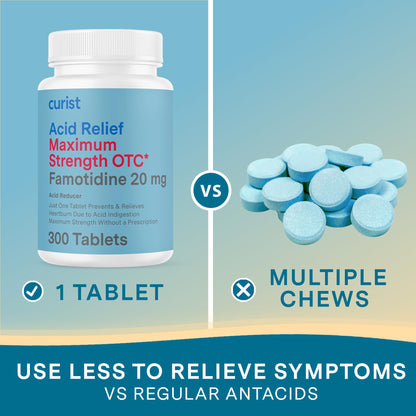 Curist Famotidine 20mg Bulk Pack (300 Count Tablets) Acid Reflux Medicine for Heartburn Relief - OTC Maximum Strength Stomach Acid Reducer - Anti Acid Relief Tablets for Indigestion Heartburn Relief - Maple Wellness Supplements