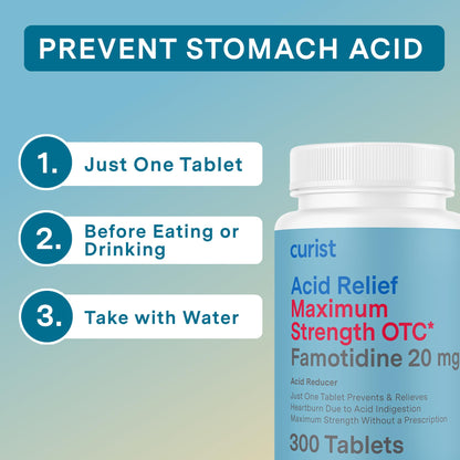 Curist Famotidine 20mg Bulk Pack (300 Count Tablets) Acid Reflux Medicine for Heartburn Relief - OTC Maximum Strength Stomach Acid Reducer - Anti Acid Relief Tablets for Indigestion Heartburn Relief - Maple Wellness Supplements