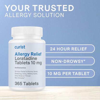 Curist Loratadine 10mg 365 Count - All Day Non Drowsy Allergy Medicine - 24 Hour Antihistamine Tablets for Runny Nose, Itchy Eyes, & Sneezing - Indoor & Outdoor Allergy Medicine for Adults - Maple Wellness Supplements