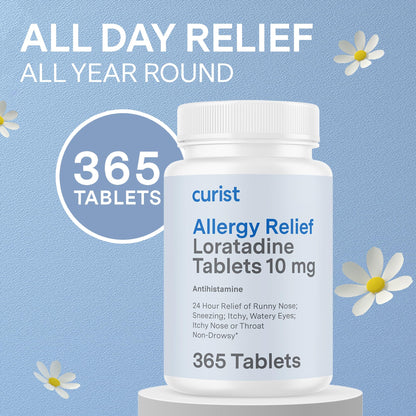 Curist Loratadine 10mg 365 Count - All Day Non Drowsy Allergy Medicine - 24 Hour Antihistamine Tablets for Runny Nose, Itchy Eyes, & Sneezing - Indoor & Outdoor Allergy Medicine for Adults - Maple Wellness Supplements