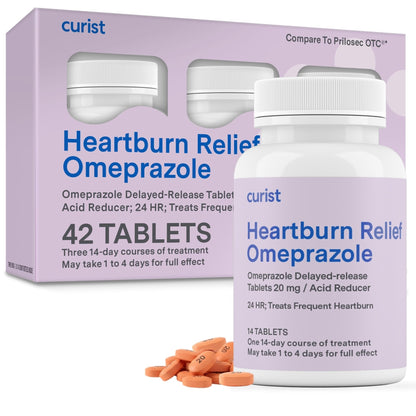 Curist Omeprazole 20mg Tablets - 42 Count Delayed-Release Tablets - Acid Reflux Medicine for Heartburn Relief - Maple Wellness Supplements