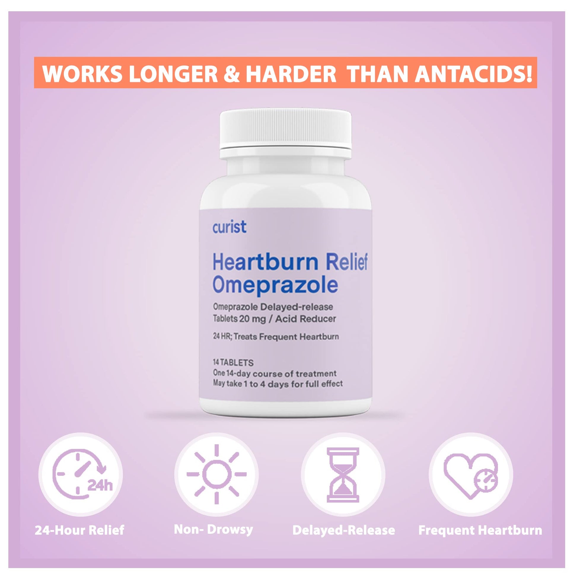 Curist Omeprazole 20mg Tablets - 42 Count Delayed-Release Tablets - Acid Reflux Medicine for Heartburn Relief - Maple Wellness Supplements