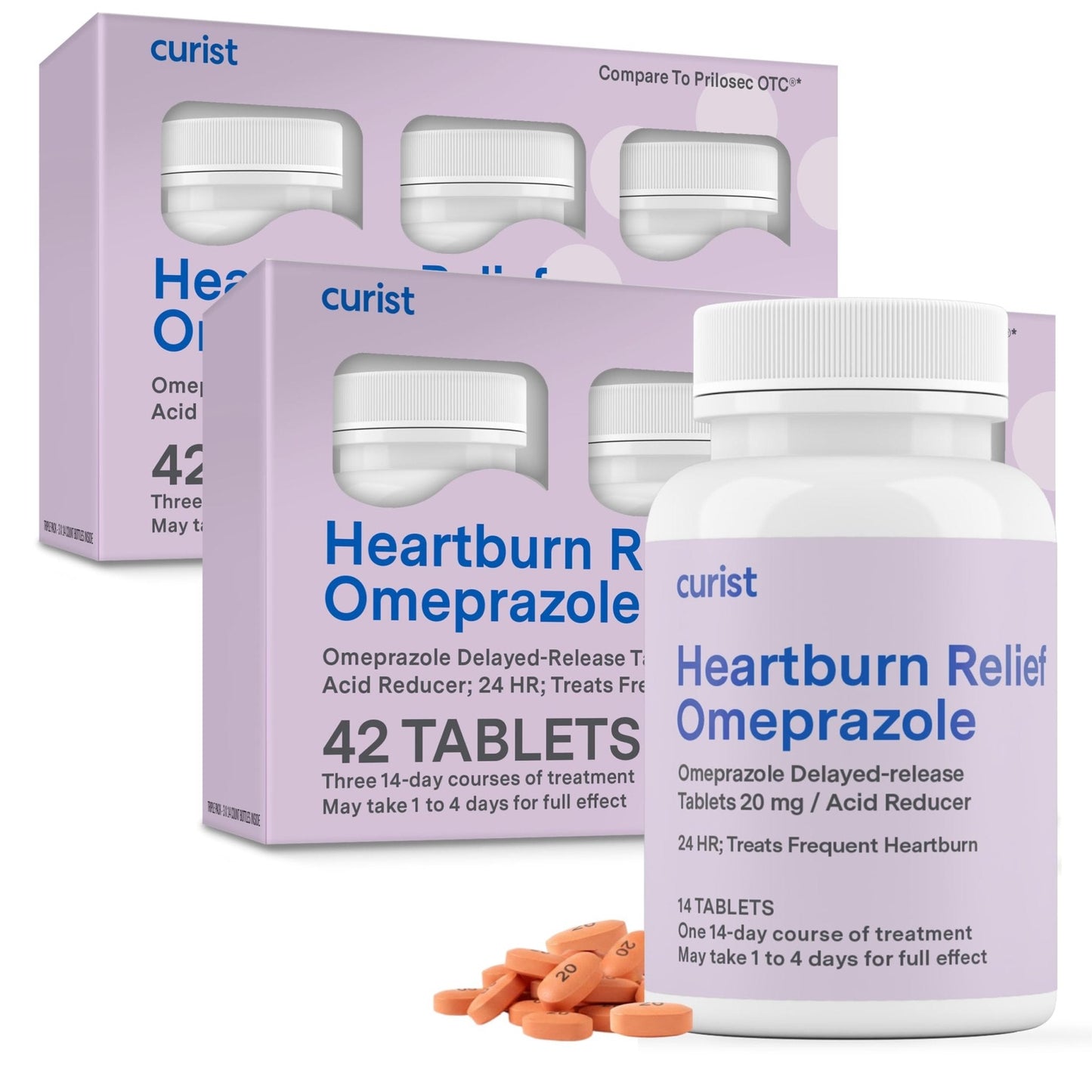 Curist Omeprazole 20mg Tablets Bulk Pack - 84Count Delayed-Release Tablets - Acid Reflux Medicine for Heartburn Relief (2 Pack of 42 Tablets - 84 Total) - Maple Wellness Supplements