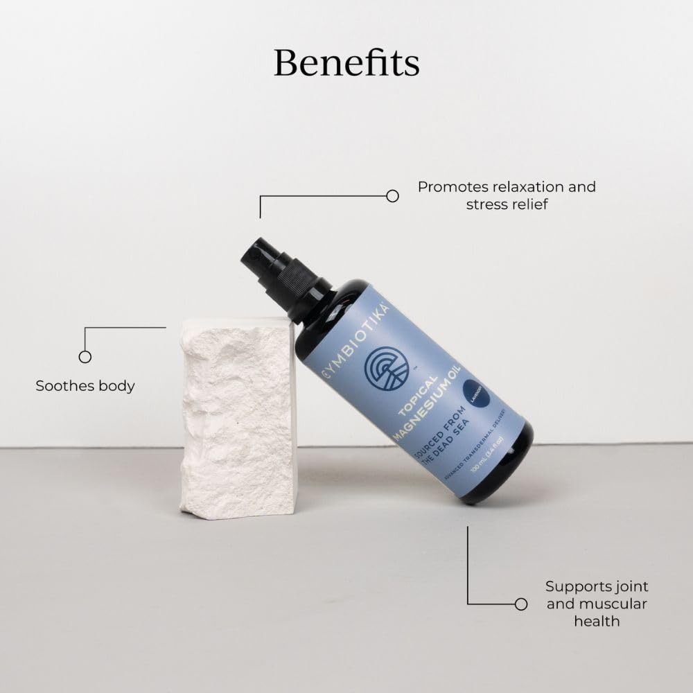 CYMBIOTIKA Topical Magnesium Oil Spray for Body, USA Made, Supplement for Leg Cramps, Muscle, Joint Health & Sleep Support, Includes Magnesium Chloride, Lavender Extract, Aloe Vera - Skin Applicator - Maple Wellness Supplements