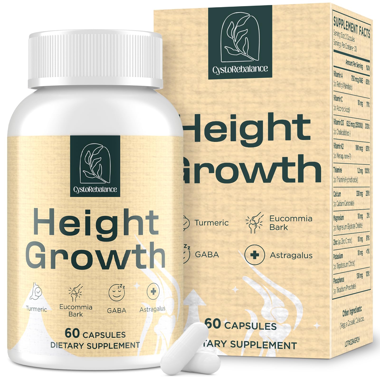 CystoRebalance 25-in 1 Bone Strength Supplement - for Natural Growth, Digestion and Stress - High Absorption - Calcium, Magnesium, Zinc, Ashwaganda and Multivitamins for Age 12+ | 60 Caps - Maple Wellness Supplements