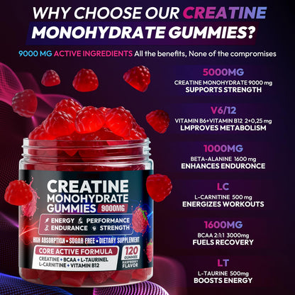 Cytona Creatine Gummies Monohydrate Complex 9000MG, Pre-Workout for Men & Women, Creatine Gummy with L-Taurine, BCAA 2:1, B12/6 for Muscle Support - Maple Wellness Supplements