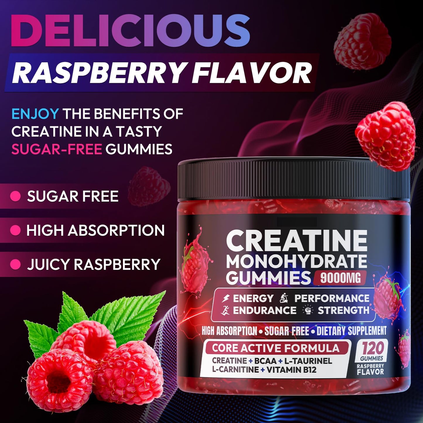 Cytona Creatine Gummies Monohydrate Complex 9000MG, Pre-Workout for Men & Women, Creatine Gummy with L-Taurine, BCAA 2:1, B12/6 for Muscle Support - Maple Wellness Supplements