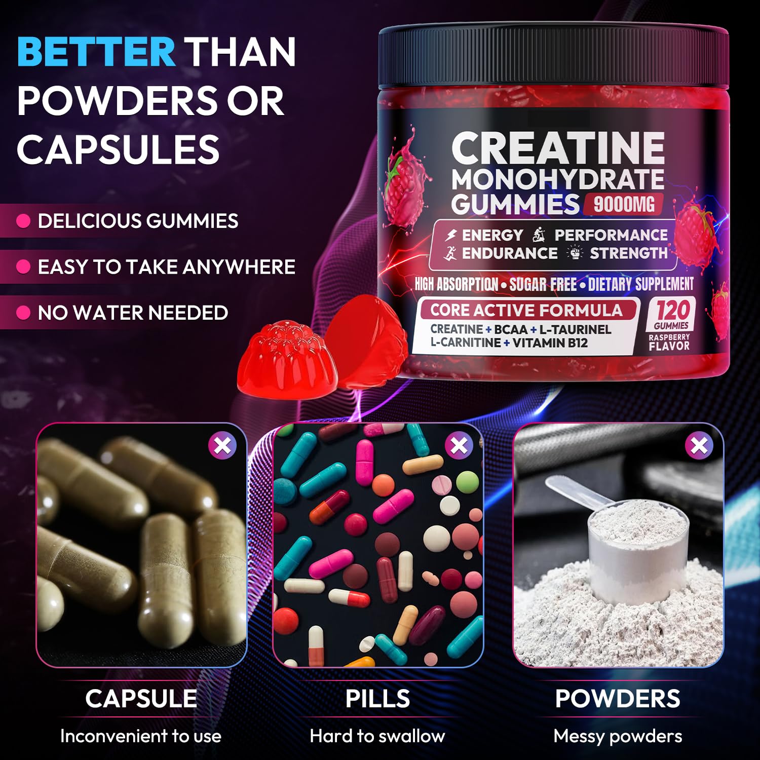 Cytona Creatine Gummies Monohydrate Complex 9000MG, Pre-Workout for Men & Women, Creatine Gummy with L-Taurine, BCAA 2:1, B12/6 for Muscle Support - Maple Wellness Supplements