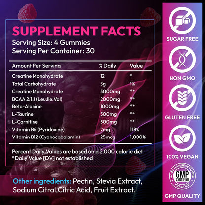 Cytona Creatine Gummies Monohydrate Complex 9000MG, Pre-Workout for Men & Women, Creatine Gummy with L-Taurine, BCAA 2:1, B12/6 for Muscle Support - Maple Wellness Supplements