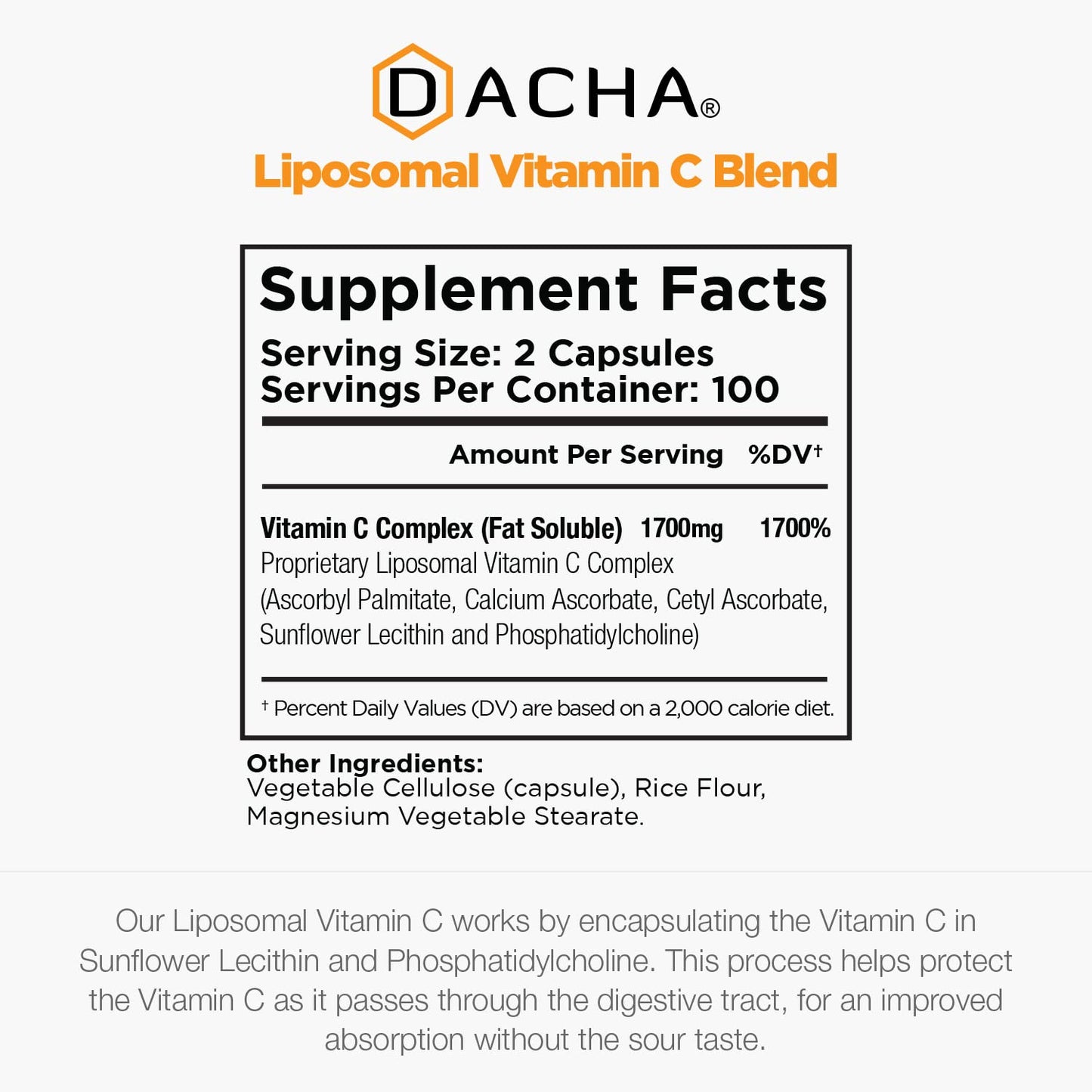 DACHA Natural Liposomal Vitamin C - 1700mg, 200 Capsules, Immune System & Collagen Booster, High Absorption Fat Soluble VIT C - Maple Wellness Supplements
