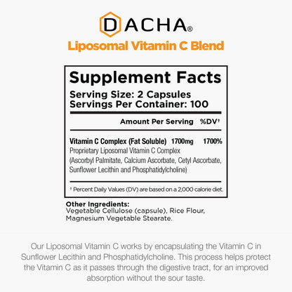 DACHA Natural Liposomal Vitamin C - 1700mg, 200 Capsules, Immune System & Collagen Booster, High Absorption Fat Soluble VIT C - Maple Wellness Supplements
